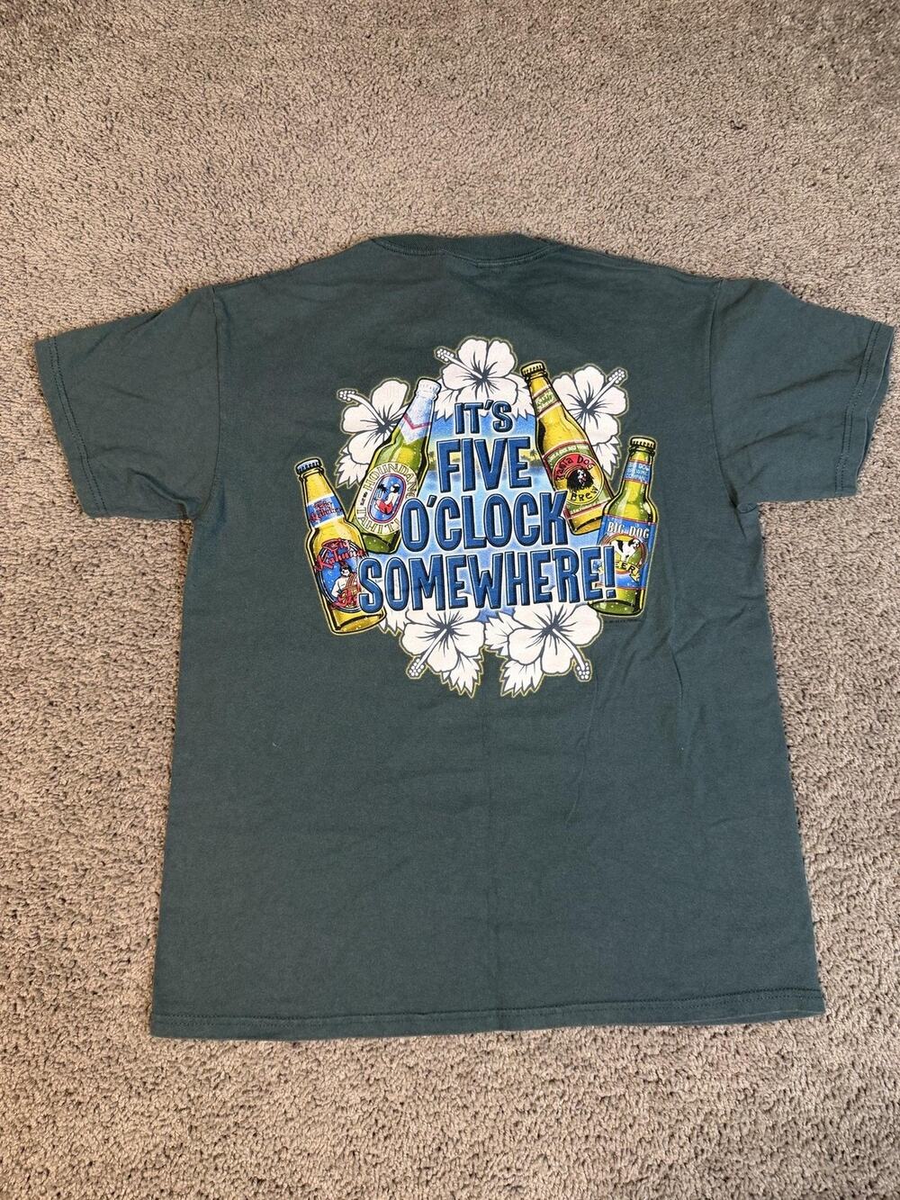 VTG Big Dogs Shirt Mens M Green Five O'Clock Somewhere Graphic Crew Neck Cotton